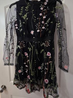 Black Embroidered Floral Mesh Sleeve Dress
